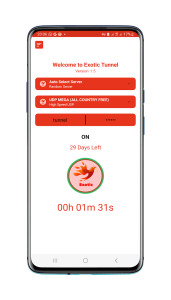 اسکرین شات دکمه اتصال و وضعیت vpn قوی و بدون قطعی شیائومی در برنامه اگزوتیک تونل پلاس