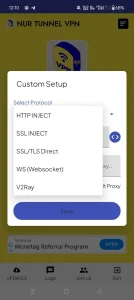 منوی تنظیمات پروتکل‌های اتصالی شامل SSH 2.0 و تنظیمات فایل کانفیگ hat در برنامه NUR TUNNEL VPN برای گوشی شیائومی و سامسونگ