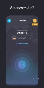 دکمه اتصال سریع و پرسرعت فیلترشکن TopVPN برای گوشی‌های اندروید