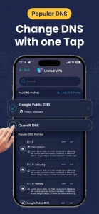 قابلیت تغییر سریع DNS در اپلیکیشن United VPN برای کاهش پینگ بازی و دور زدن تحریمها