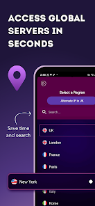 لیست و نقشه پراکندگی سرورهای سریع جهانی در اپلیکیشن Free VPN برای گوشی سامسونگ.