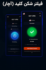 وضعیت اتصال موفق و فعال شدن تونل امن در فیلتر شکن کلید اندروید