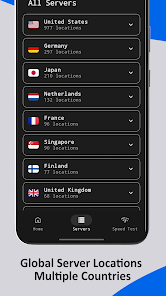 صفحه انتخاب موقعیتهای جغرافیایی و دانلود VPN قوی برای گوشی شیائومی با پینگ پایین
