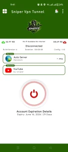وضعیت اتصال موفق در فیلتر شکن پایدار ایرانسل Sniper VPN Tunnel همراه با نمایش پروتکل فعال و مدت زمان اتصال