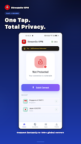 رابط کاربری و دکمه اتصال هوشمند در فیلتر شکن پرسرعت قوی جدید رایگان StreamGo VPN قبل از اتصال