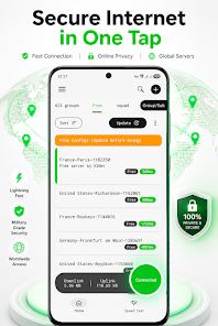 اسکرینشات اتصال موفق با یک کلیک در برنامه فیلترشکن سامسونگ V2rayNet و فعال شدن تونل امن اندروید