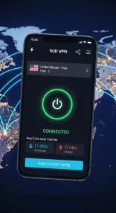 محیط داخلی برنامه Volt VPN در وضعیت اتصال موفق و فعال با پروتکل WireGuard